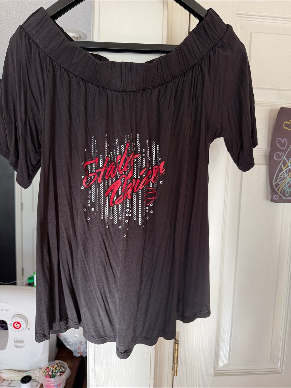 Harley-Davidson Black Off-Shoulder Tee with Red Script